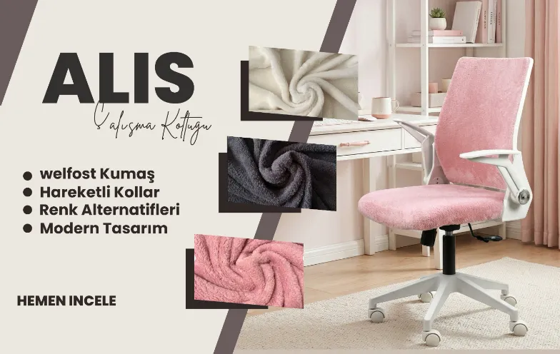 Alis Beyaz Plastik Ayaklı Hareketli Kollu Çalışma Koltuğu Ve Ofis Koltuğu ( Pembe Welsoft Kumaş)